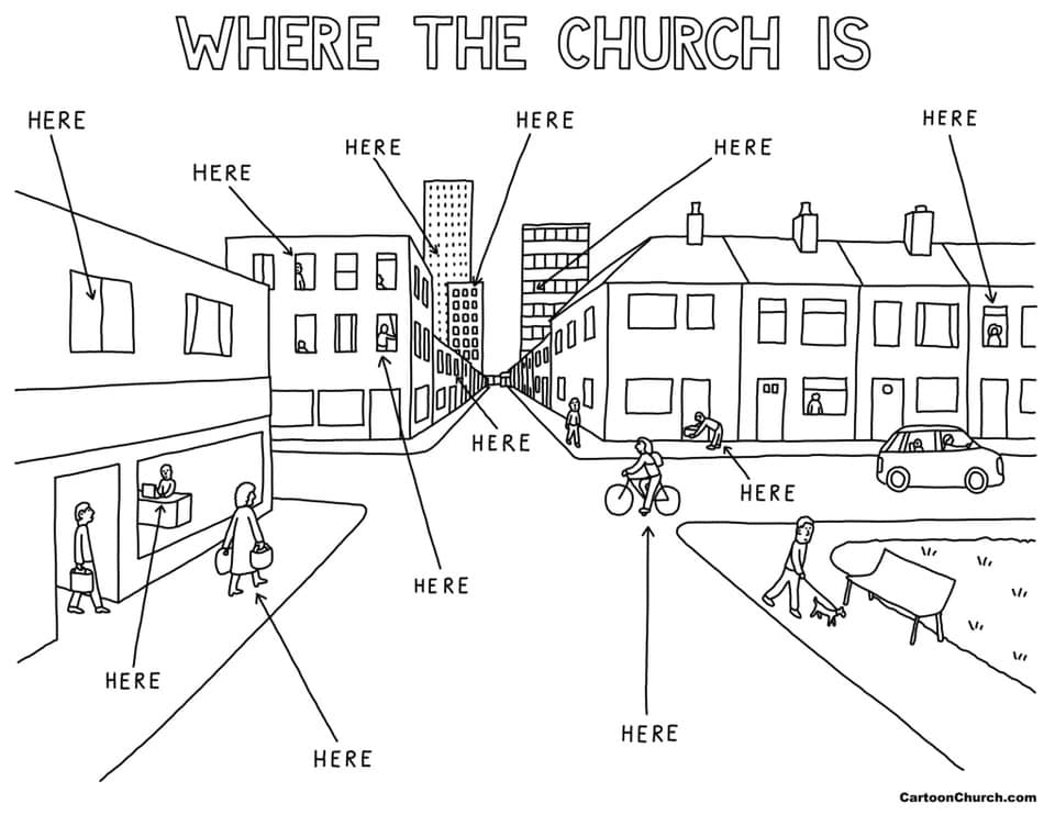 Illustration titled 'Where the Church Is' showing everyday people in a neighborhood